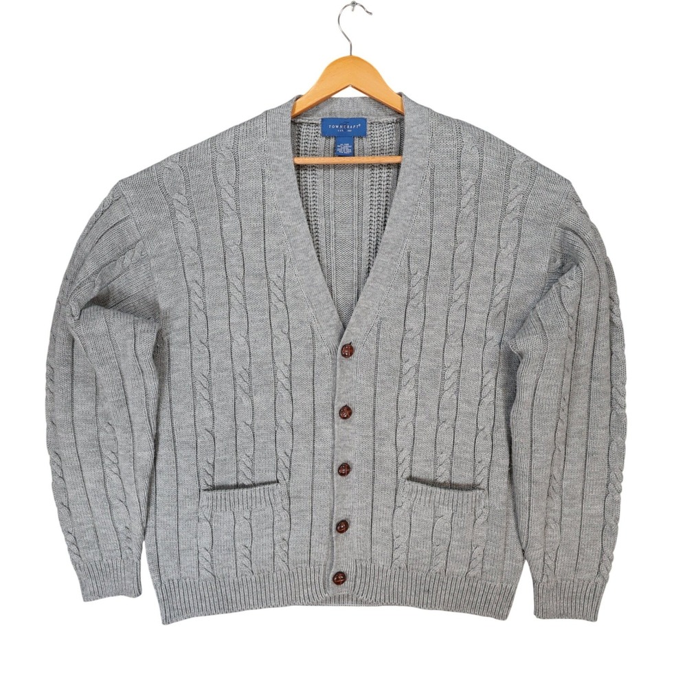 Towncraft Cardigan Sweater Mens XL Vintage Gray Cable Knit Button Front Classic
